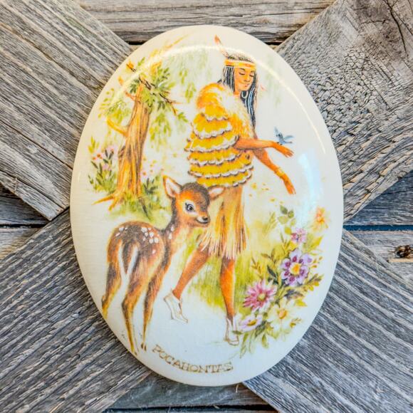 Vintage Folk Art Pocahontas w/ Baby Deer and Wildflowers, HandPainted ChalkWare - Picture 1 of 9
